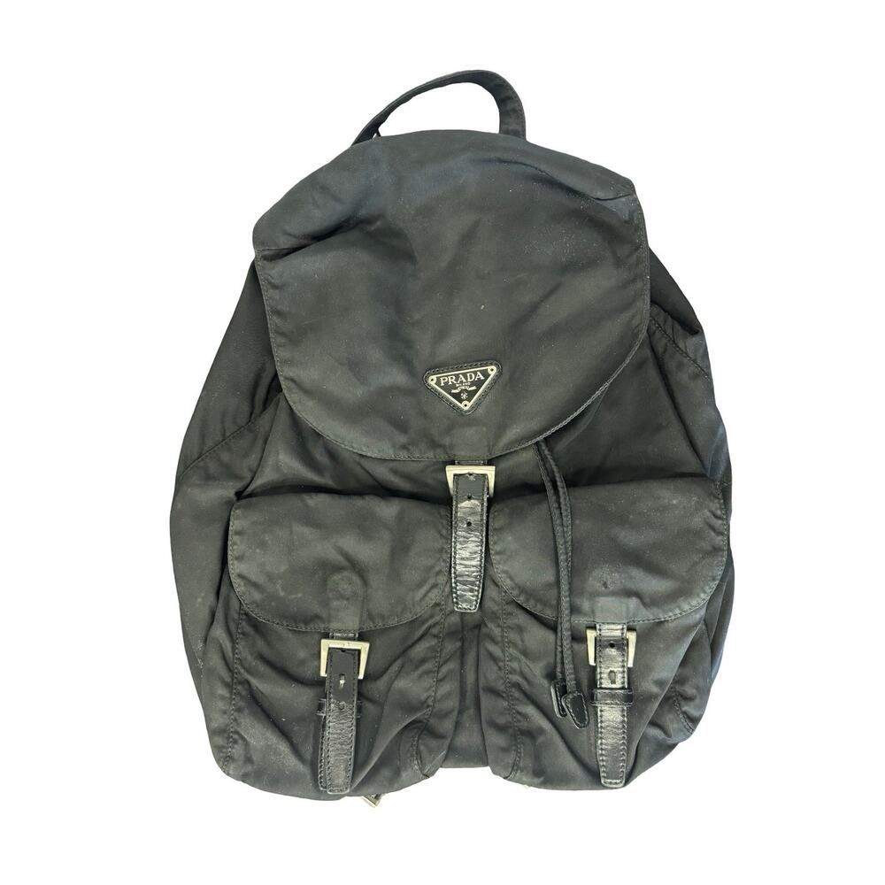 Vintage Y2K Prada Black Nylon Drawstring Buckle Backpack Medium